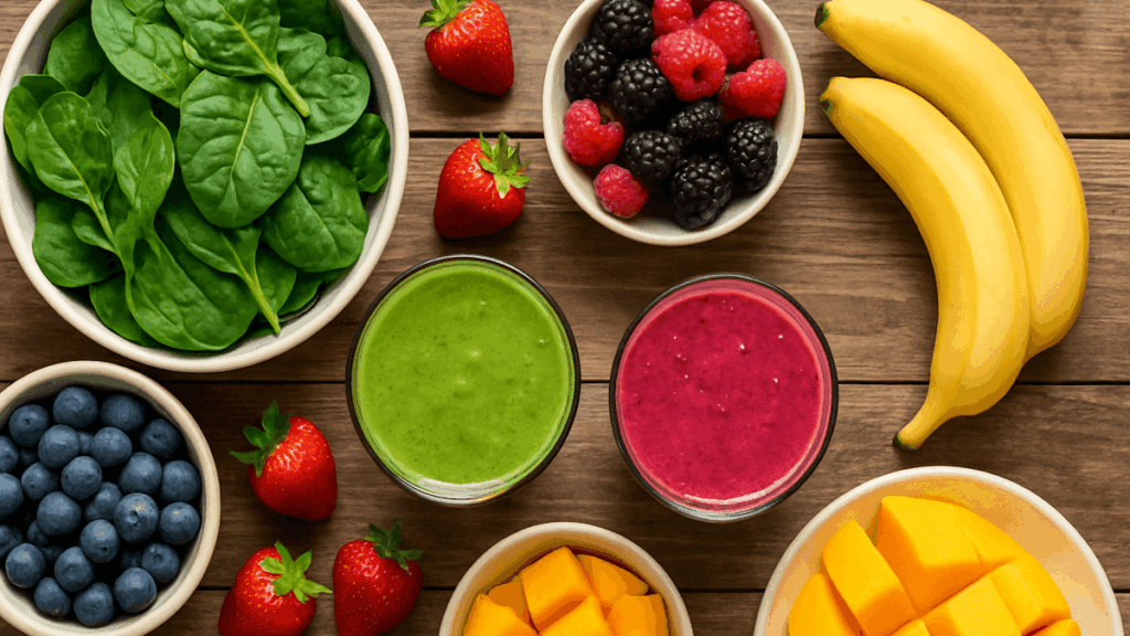 Photo of colourful fresh fruits and vegetables including spinach, berries, bananas, and mango arranged on a rustic wooden table helping you to lose weight