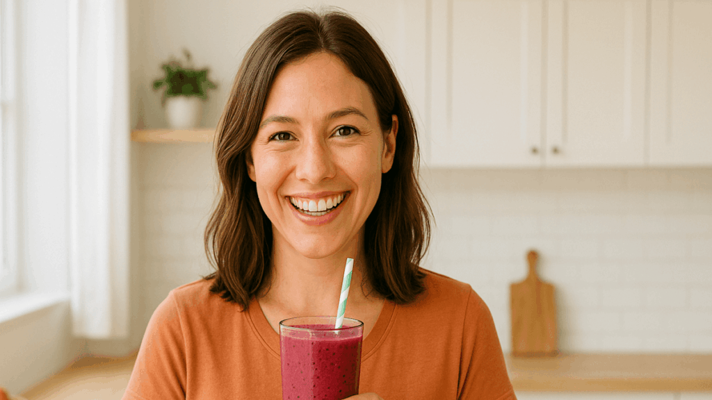 Happy, energetic woman holding a healthy smoothie in a bright kitchen losing weight