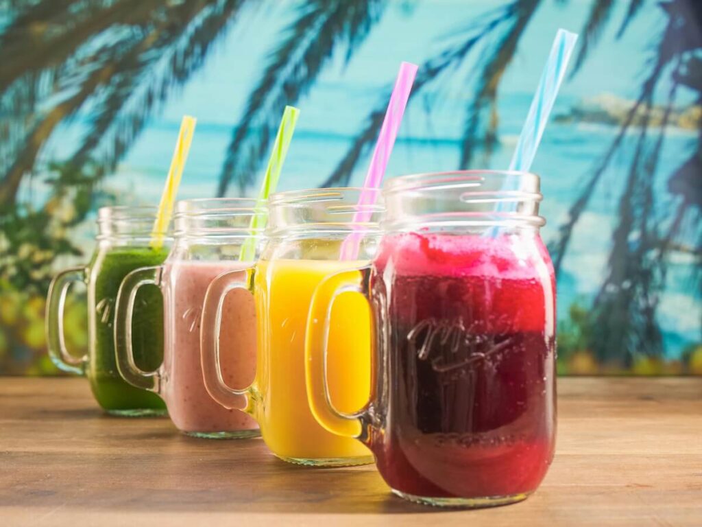 Colourful Smoothie selection for a hot day in the sun.