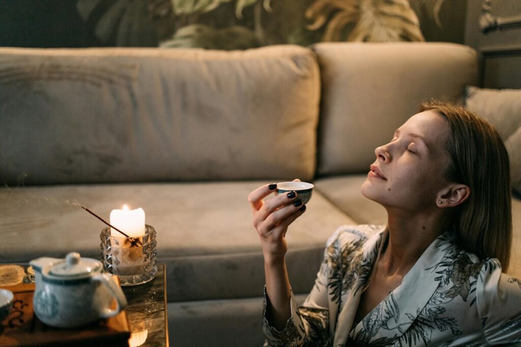 Woman relaxing with tea after saving so much time